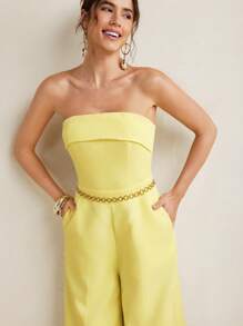 VIOLA AND VESPER Summer Pastel Butter Yellow Strapless Woven Wide-Leg Jumpsuit Women Casual Vacay Outfits