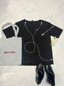 Attitoon Casual Simple USA Text Graphic Dropped Shoulder Women T-Shirt, Summer Suitable - Black - View 2