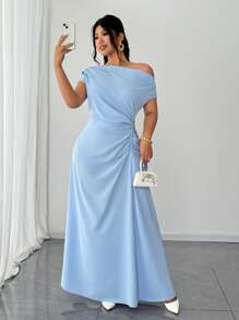 Elenzga Plus Size Dropped Shoulder Ruched Elegant Dress - Blue - View 1