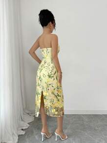 Rafferiza Váy midi bandeau thêu màu vàng thanh lịch cho nữ, mùa hè - Màu vàng - Xem 2