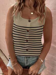 SHEIN Top de tirantes a rayas de moda para mujer talla grande, cuello redondo, con botones, casual y versátil - Caqui - Ver 4