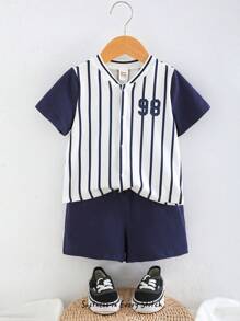 Cozy Pixies 2pcs Baby Boy "Baby Boy" Letter Pattern Knit Soft Raglan Short Sleeve Cardigan And Solid Color Elastic Waist Shorts Set - Blue - View 7