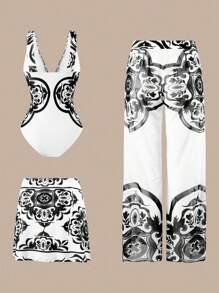 Swim Oasis Set de 3 piezas 2025 Nuevo diseño de traje de baño de una sola pieza con estampado de posicionamiento, falda y pantalones largos de malla para mujer, conjunto informal de playa de verano - Blanco y Negro - Ver 2