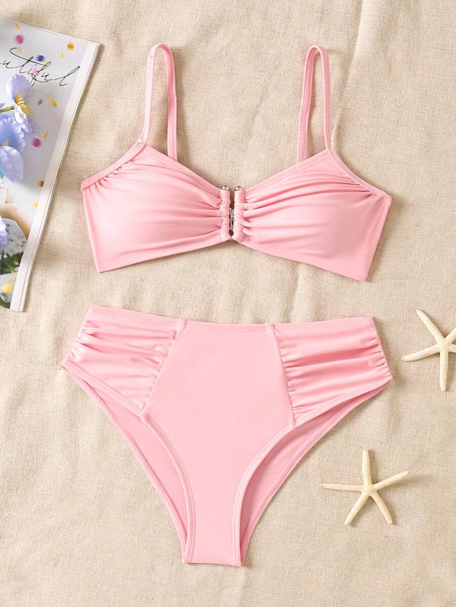 SHEIN Tween Girls Solid Color Metal Decor U-Neck Tankini Swimsuit Set