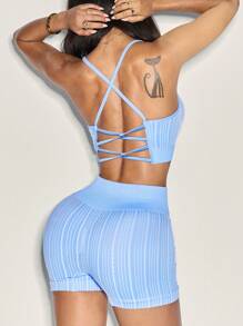 Dewbera Women's Backless Halter Top And Shorts Sports Set - Teal Blue - View 6