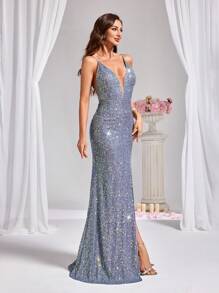 Allurite 开叉大腿亮片吊带连衣裙，适合节日派对服装，长款女士服装