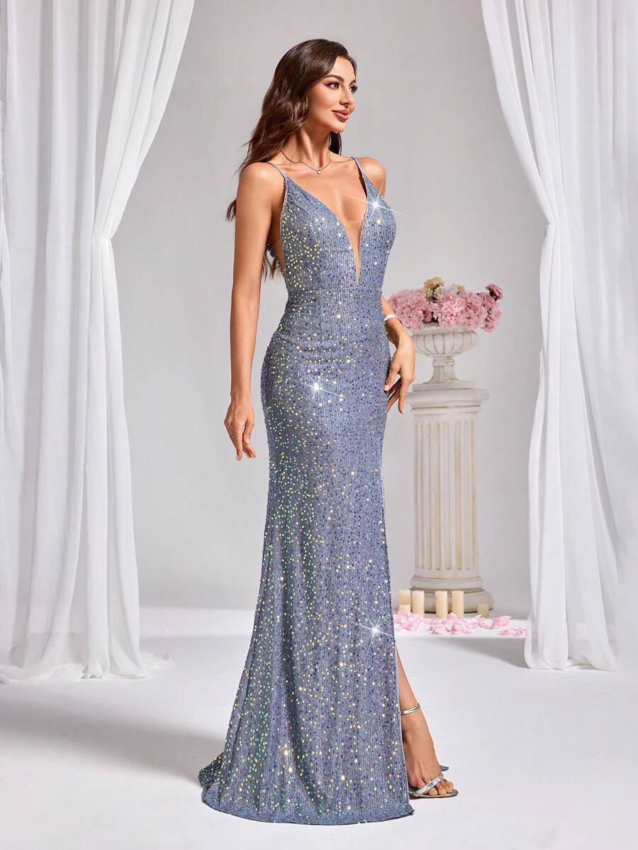 Allurite 开叉大腿亮片吊带连衣裙，适合节日派对服装，长款女士服装