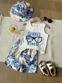SHEIN Bộ 2 món trẻ em trai thường ngày cây dừa, kính râm in logo áo ba lỗ không tay và quần short in hình cây nhiệt đới toàn thân có mũ, thích hợp mặc hàng ngày, đi nghỉ, thể thao, ngoài trời, mùa hè - Xanh và trắng - Xem 8