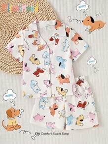 2pcs/Set Tween Girl' Casual Dog Doodle Button-Front Short Sleeve Top And Shorts Loungewear Set Pj Set For Kids Pajama Girl Set