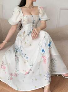 DAZY Vestido romántico con estampado floral estilo francés, moda para mujer