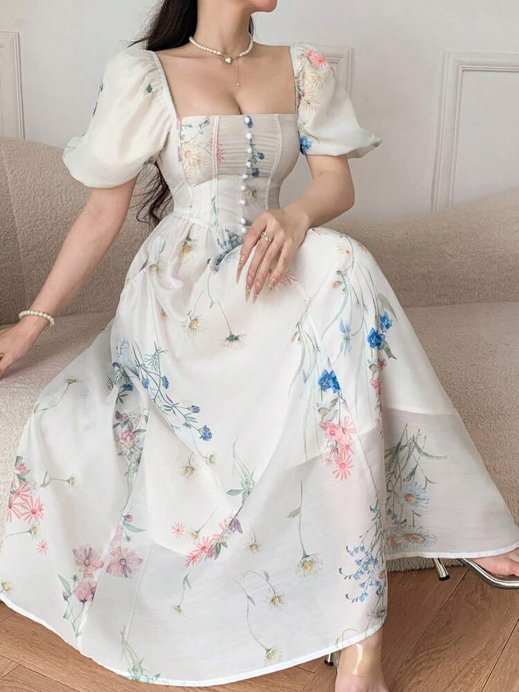 French Style Ditsy Floral Romantic New Dress, Fashion For Women Vacation Outfits Women Easter Maxi Dress