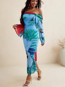 BELANGE HANDMADE Floral Mesh Print Off Shoulder Bow Flared Long Sleeves Fitted Women Dress Vacation Holiday