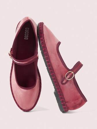 CUCCOO DOLLMOD Women's Rose Red Fashionable Elegant Velvet Classic Comfortable Velvet Mary Jane Flat Shoes For Christmas