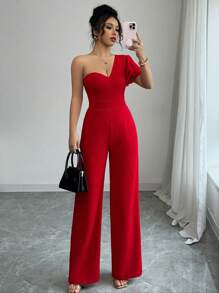 Rafferiza French Style Ruffle Trim Cinched Waist High-Rise Wide Leg Women Jumpsuit - Red - View 5