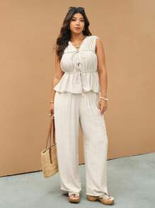 Elaquor 2-Piece Plus Size Women Casual Set: Tie-Up Sleeveless Crop Top And Relaxed Fit Pants, Fashion Streetwear Outfit, Spring/Summer New Arrivals