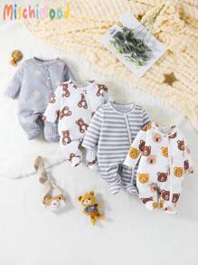 4 件套新生儿简约可爱熊印花长袖连脚睡衣套装 - 灰色 - 查看 1