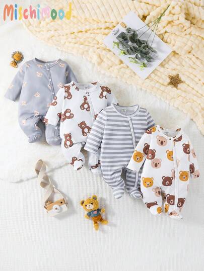 4 件套新生儿简约可爱熊印花长袖连脚睡衣套装