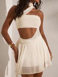 Opulessa Solid Color Knitted Slim-Fit Cutout Mini Dress For Women Vacation Dress, All White Party Outfit, Summer Beach Outfits,  New Year Look, Thanksgiving Outfits, Elegant Dresses Party, Luxury Evening Dresses For Weddings, Sexy Club Outfits, Mermaid, Bohemian Outfits, Ibiza Outfits, Western Style - White - View 1