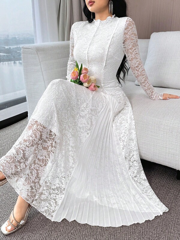 Feyla Women's Solid Color Lace Patchwork Pleated Elegant Romantic Long Sleeve Dress Autumn Outfits Wedding Holiday Garden Party Guest Airport Evening White