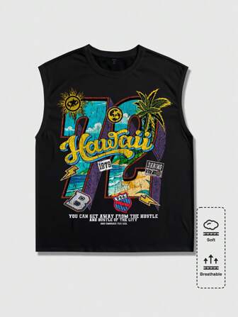 Numeric Print Sleeveless T-Shirt For Men, Round Neck Summer Casual Sports Top, Vacation Print Shirt Tank Top