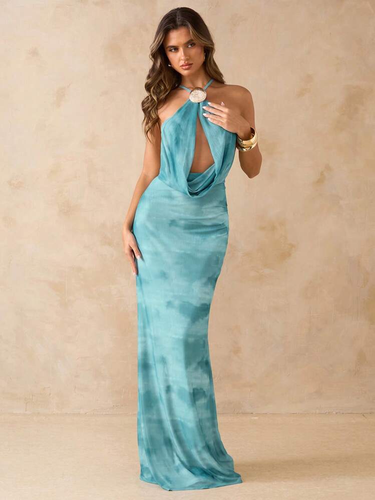 SHEIN BAE Solid Blue Color Backless Spaghetti Strap Bodycon Dress, Elegant Beach Holiday Dress, Backless Long Dress, Spring/Summer,Bohemian Clothes,Bodycon Dress - Blue - View 6