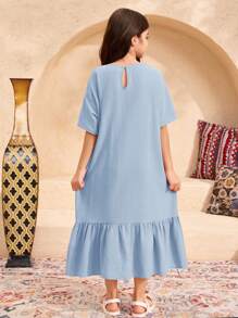 SHEIN Leap Crew Tween Girl Loose Casual Round Neck Ruffle Hem Heart Embroidery Dress - Baby Blue - View 2