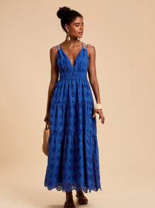 Travachic 度假休闲纯色镂空刺绣吊带连衣裙，女士度假装，女士婚礼宾客礼服，海滩度假装，女士夏季装，女士夏季连衣裙，女士连衣裙，夏季连衣裙 - 藍色 - 查看 4