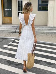 Serisse 女士纯色镂空刺绣系带荷叶边下摆休闲中长连衣裙 - 白色 - 查看 3