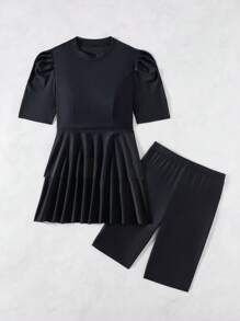 Swim Mulvari 2pcs/Set New Summer Solid Black Round Neck Short Sleeve Swimsuit And Shorts Burkini Set - Black - View 4