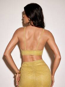 VIOLA AND VESPER Metallic Lurex Ruched Cropped Top With Strap Women Summer Sexy Top - Gold - View 2
