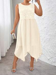 Elenzga Women's Round Neck Mesh Patchwork Dress - Apricot - View 3