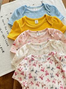 SHEIN LMoss Kids 5件套新生女宝宝夏季可爱针织碎花波点卡通印花短袖连体衣套装 - 彩色 - 查看 3