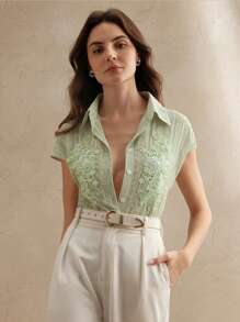 Anewsta Camisa con solapa de un solo botonadura decorada con lentejuelas y cuentas de alta calidad, blusa elegante y versátil para mujer