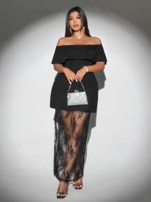 Viva Relle Plus Size Summer Elegant Solid Color Off Shoulder Lace Patchwork Dress - Black - View 2