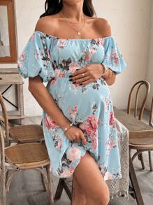 SHEIN Maternity Floral Print Off Shoulder Midi Dress, Summer - Blue - View 5
