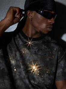 NEON BLANC Men's Vintage Streetwear Style Knit Crew Neck Short Sleeve T-Shirt With Rhinestone Letter Print, Suitable For Summer - Black - View 4