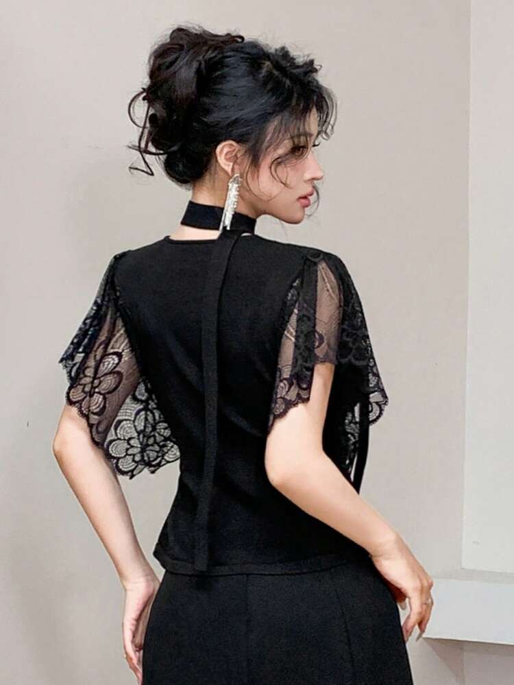 1pc Women Solid Color Slim Fit Contrast Lace Ruffle Sleeve Neck Tie Elegant Summer Knit Top