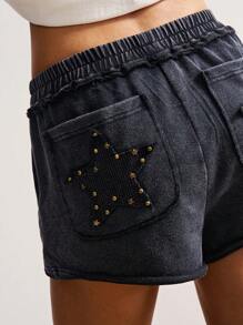 Bohemela Short décontracté pour femme orné de rivets et de décoration en étoiles, été