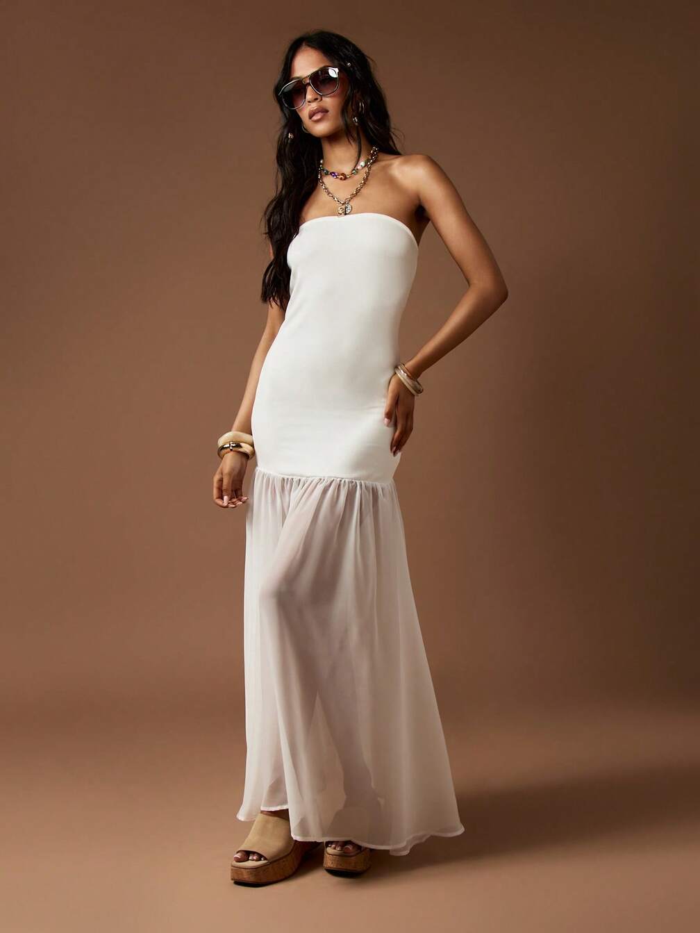bandeau dress flowy DORISS Green Ruffled Bandeau Waist Dress, Vacation Style Flowy Long Dress,  Casual Versatile Elegant Summer