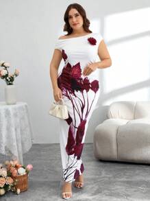 Modelyn Damen Große Größen elegantes 3D-schräge Schulter Top und körperbetonter Rock 1 Stück bedruckter Strickkombi 2 Teile Set - Rot-Weiß - Übersicht 1
