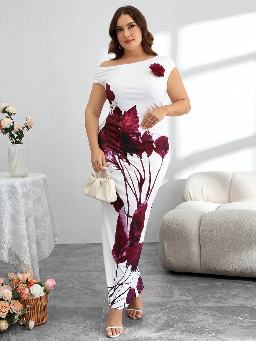 Modelyn Damen Große Größen elegantes 3D-schräge Schulter Top und körperbetonter Rock 1 Stück bedruckter Strickkombi 2 Teile Set - Rot-Weiß - Übersicht 1