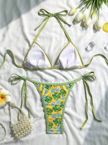 Swim Mod 2 pezzi Costume da bagno donna, Top a triangolo e slip legati ai lati con stampe casuali, adatto per vacanze al mare in estate - Multicolore - Visualizzare 2