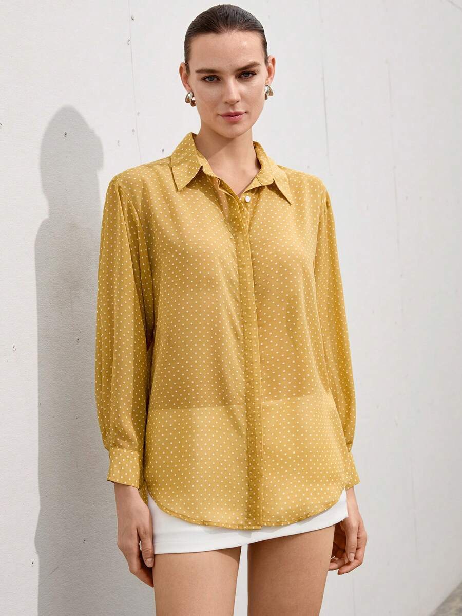 Aveloria Modichic Áo cánh tay dài ve voan chấm bi tối giản cho nữ, đa năng cho mùa xuân và mùa hè, ngày lễ tình nhân - Màu vàng - Xem 1