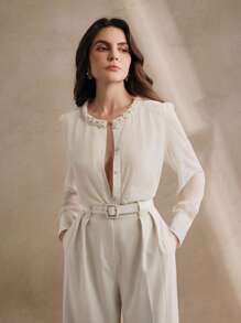 Anewsta Heavy Beaded Chiffon Long Sleeve Blouse With Embroidered 3D Floral Design And Double Layer Round Neck For Women - White - View 5