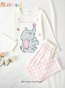 年轻女孩可爱兔子和心形图案长袖裤家居服套装，秋冬季可爱睡衣女孩睡衣套装