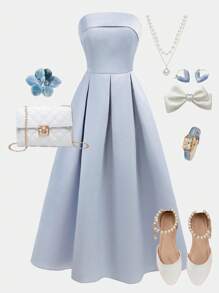 SHEIN Girlism Teen Girls Smoky Blue Tube Top With Transparent Straps, Cute, Sweet, Elegant, Waist-Hugging, Fitted, Long A-Line Dress, Suitable For Wedding Flower Girls, Proms, Parties, Suitable For Spring And Summer