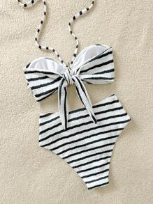 Soleia 新款时尚女式黑白针织罗纹条纹露肩系带金属装饰沙滩比基尼露肩圣诞开学上衣返校服装女式返校秋季女装哥特女装俱乐部服装女式性感万圣节服装外出服装演唱会服装乡村演唱会服装 - 黑與白 - 查看 2