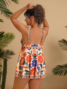 Travachic Plus Size Women Tropical Floral Print Spaghetti Strap Bikini Set, Convertible Swimsuit, Casual Beach Wear