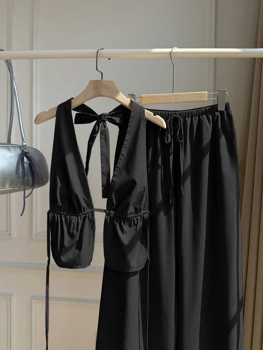 SHEIN Unity 2pcs/Set Women Summer Casual Vacation Tied Backless Camisole And Loose Pants Set - Black - View 1