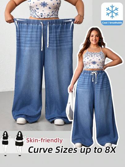SHEIN CURVE+ Oversized Blue Casual Pants. Lightweight Denim Cool Wide-Leg Pants Suitable For Summer. Casual And Versatile